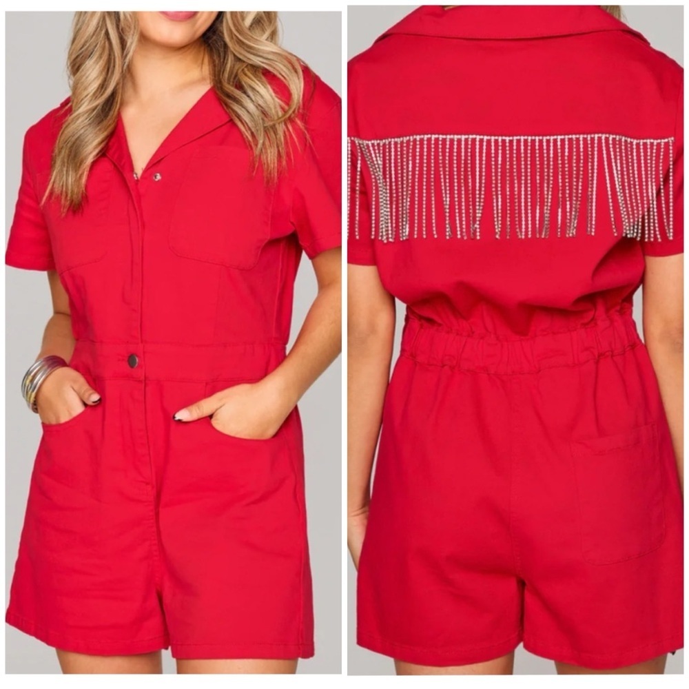 Buddy Love Red Rhinestone Fringe Back Utility Romper Medium Short Sleeve